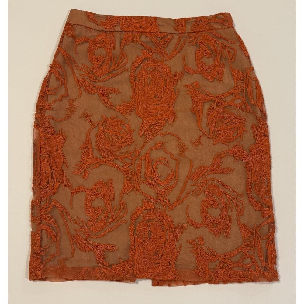 Krisa Orange Floral Embroidered Mesh Pencil Skirt Women's Size Small